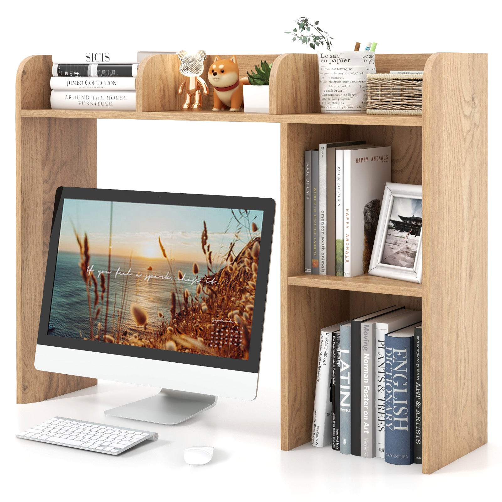 3-Tier Multipurpose Desk Bookshelf with 4 Shelves-Black - Natural