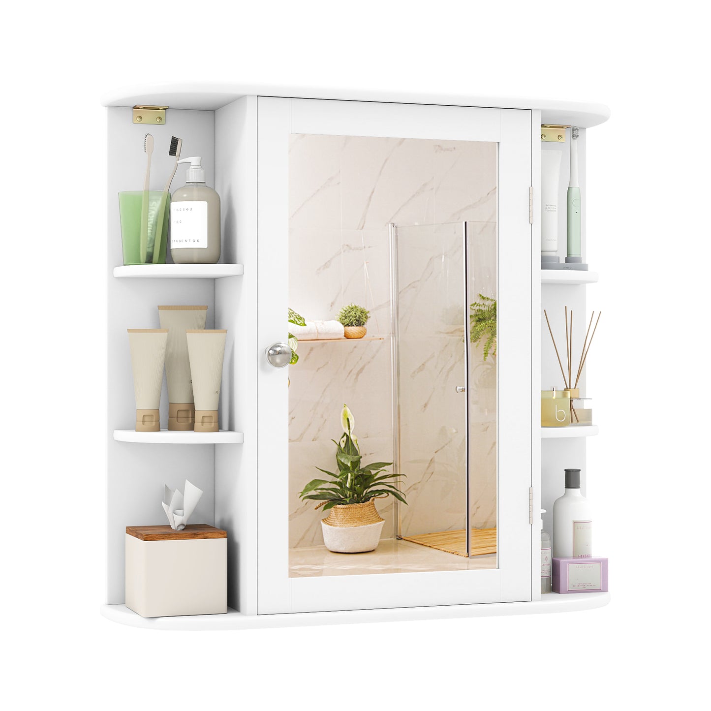Wall-Mounted Bathroom Mirror Cabinet with Storage Shelves-Brown - White