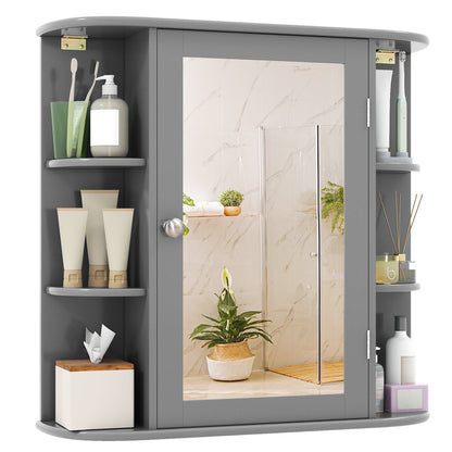 Wall-Mounted Bathroom Mirror Cabinet with Storage Shelves-Brown - Gray
