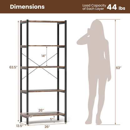 5-Tier Industrial Bookshelf Display Storage Rack with Metal Frame