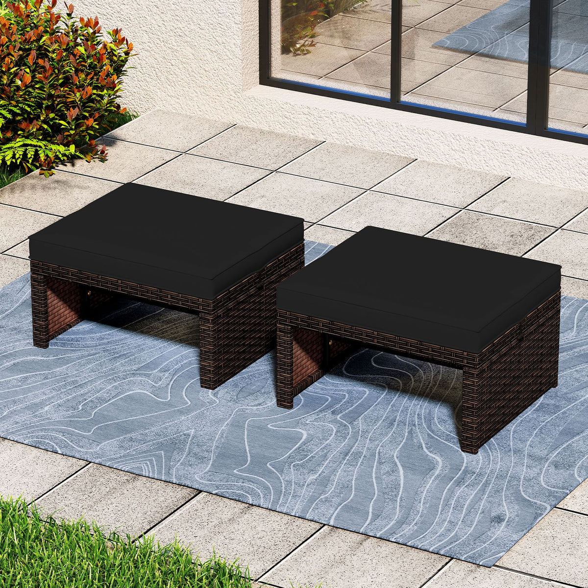 Multipurpose Outdoor 2 Pieces Patio PE Rattan Ottomans Footstool-Black