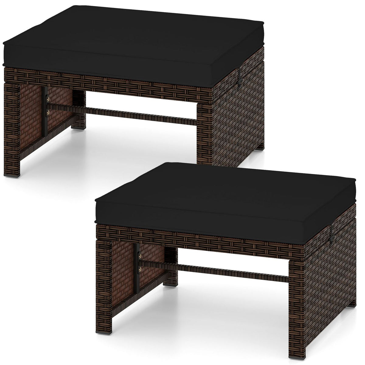 Multipurpose Outdoor 2 Pieces Patio PE Rattan Ottomans Footstool-Black