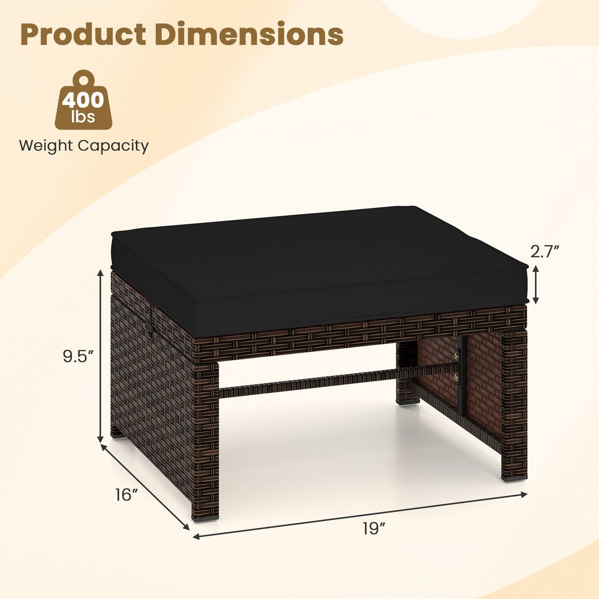 Multipurpose Outdoor 2 Pieces Patio PE Rattan Ottomans Footstool-Black