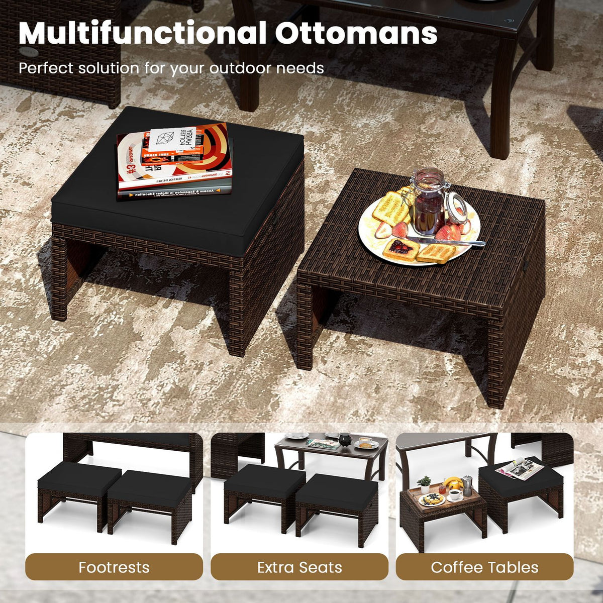 Multipurpose Outdoor 2 Pieces Patio PE Rattan Ottomans Footstool-Black