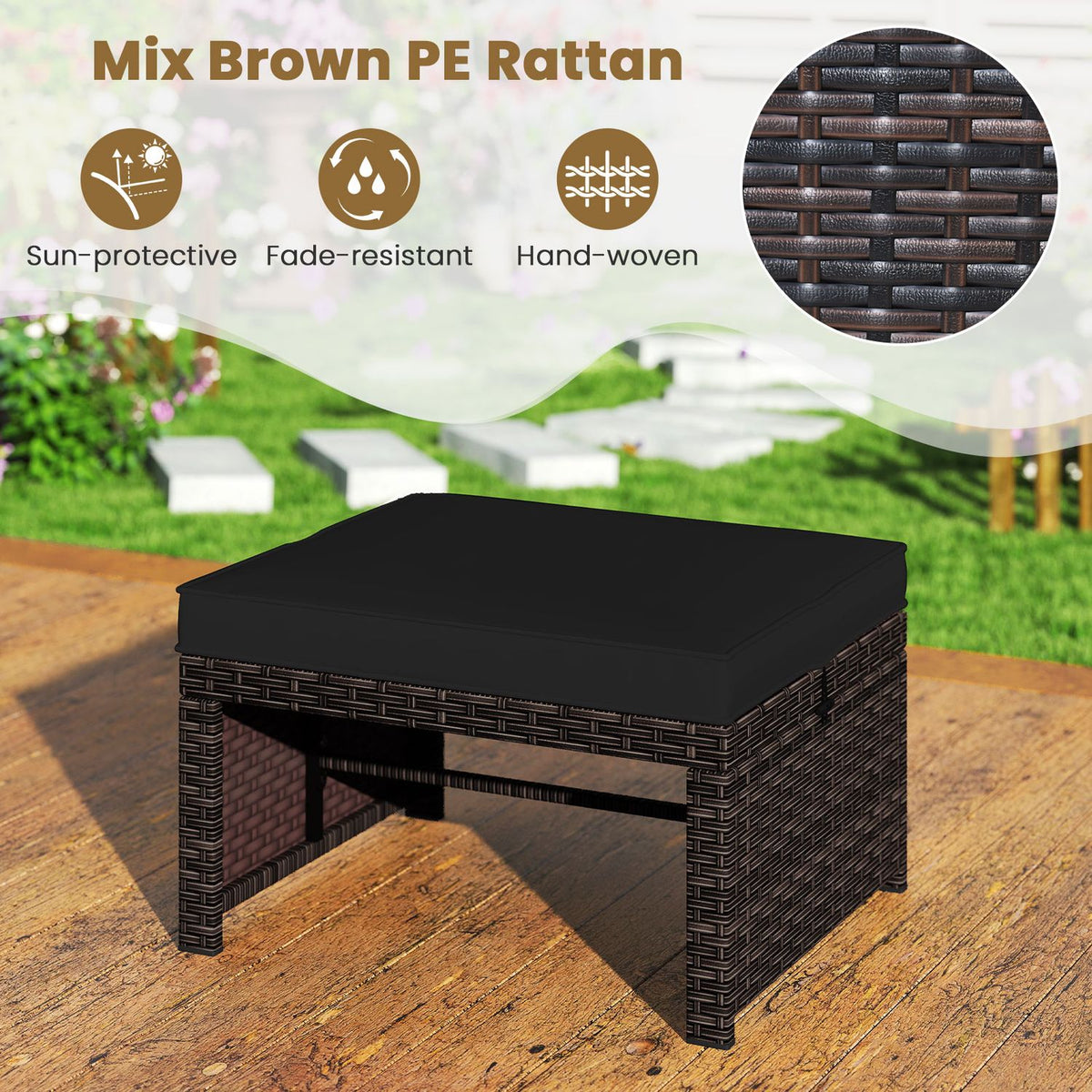 Multipurpose Outdoor 2 Pieces Patio PE Rattan Ottomans Footstool-Black
