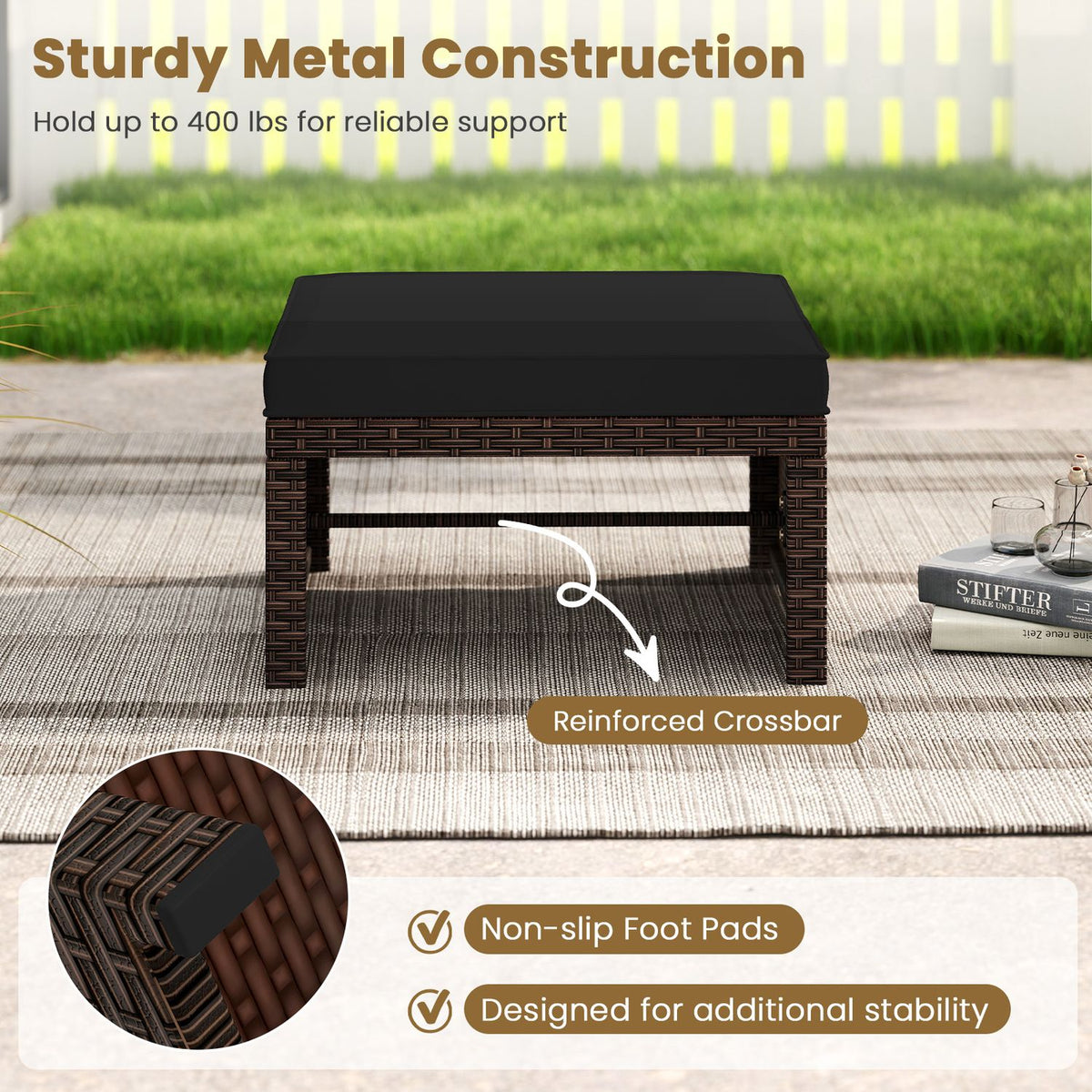 Multipurpose Outdoor 2 Pieces Patio PE Rattan Ottomans Footstool-Black