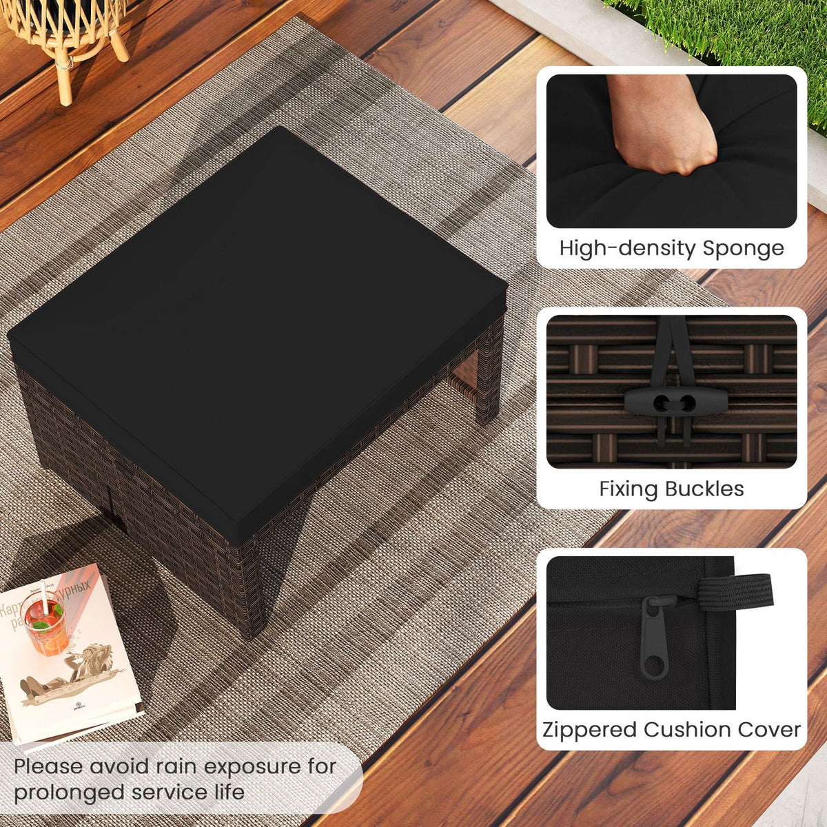 Multipurpose Outdoor 2 Pieces Patio PE Rattan Ottomans Footstool-Black