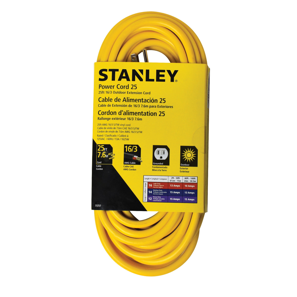 Stanley 25-Ft. 16/3 Outdoor Grounded Extension Cord, Yellow - view 9
