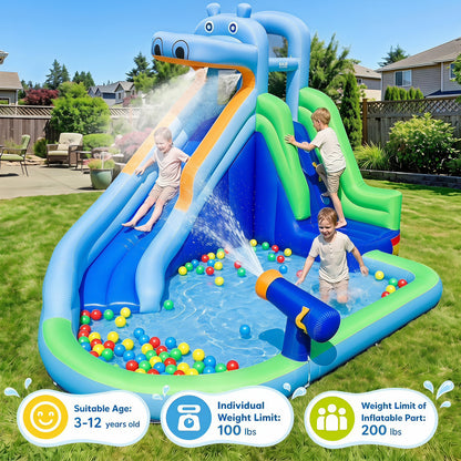 Hippo Inflatable Water Slide with Climbing Wall & 680W Blower