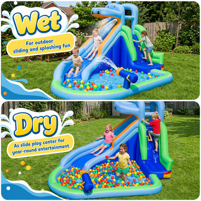Hippo Inflatable Water Slide with Climbing Wall & 680W Blower