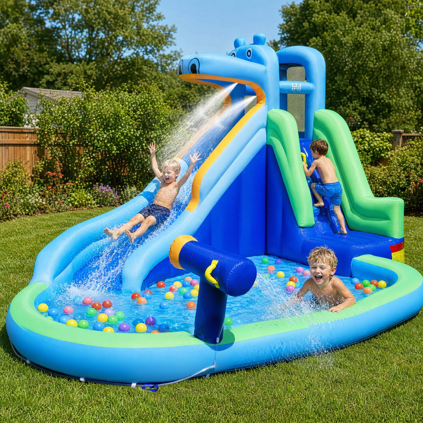 Hippo Inflatable Water Slide with Climbing Wall & 680W Blower
