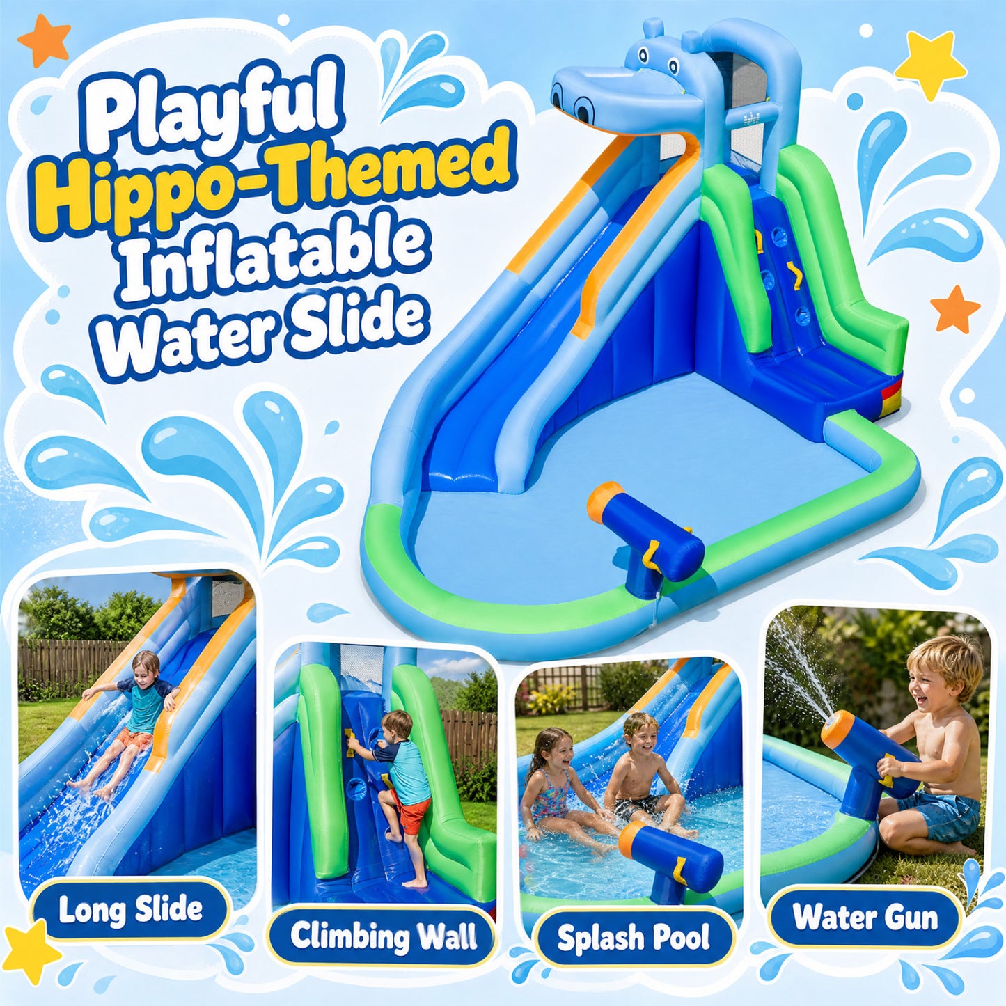 Hippo Inflatable Water Slide with Climbing Wall & 680W Blower
