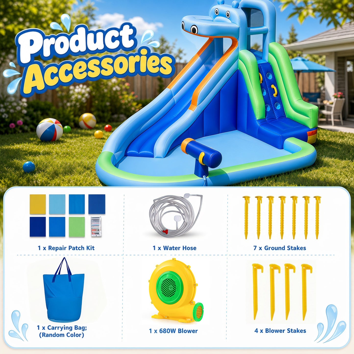 Hippo Inflatable Water Slide with Climbing Wall & 680W Blower