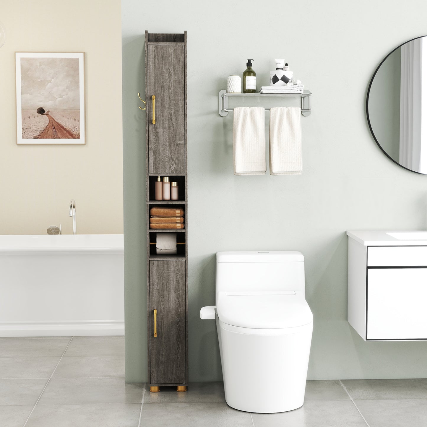 Narrow Bathroom Storage Cabinet with Shelves & Paper Holder
