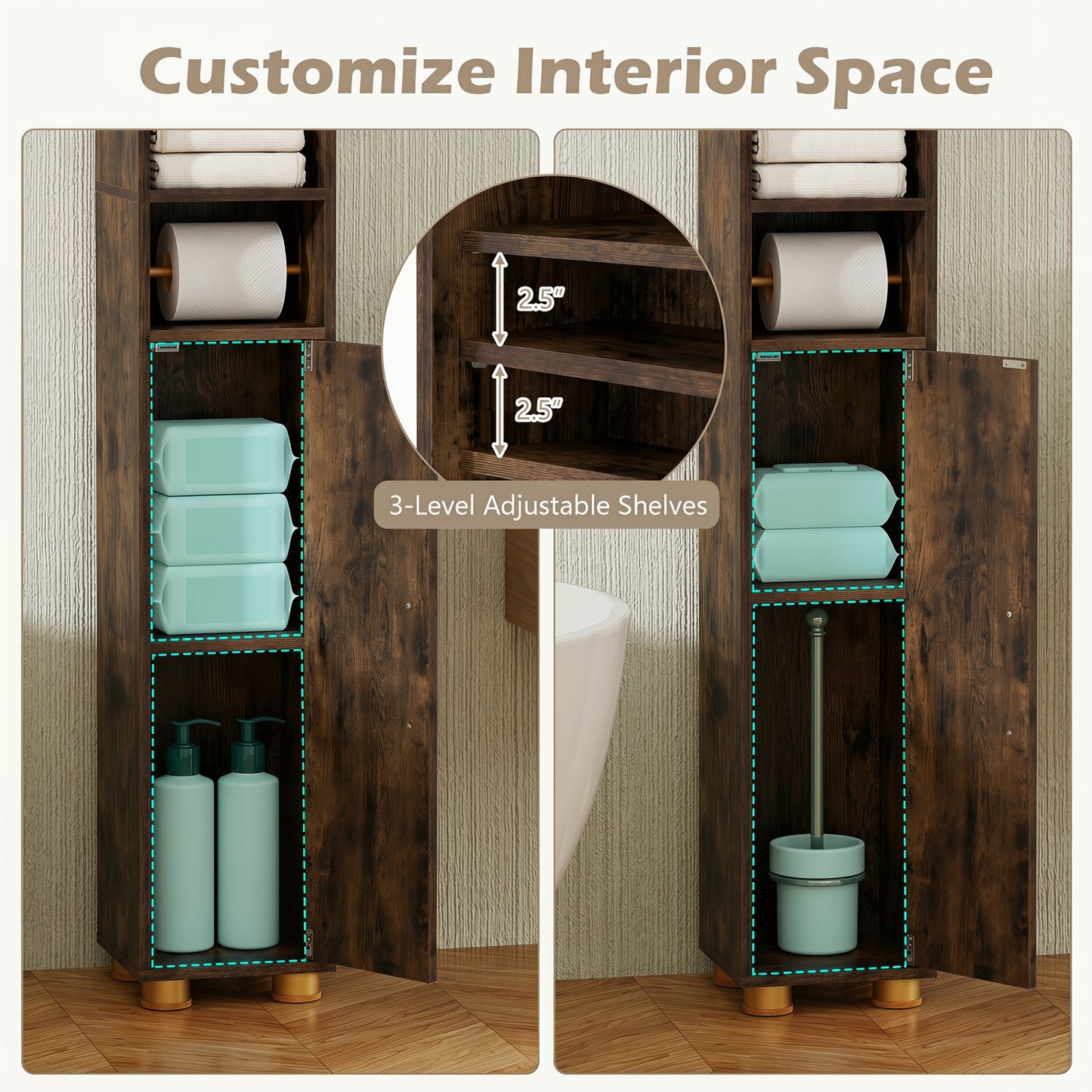 Narrow Bathroom Storage Cabinet with Shelves & Paper Holder