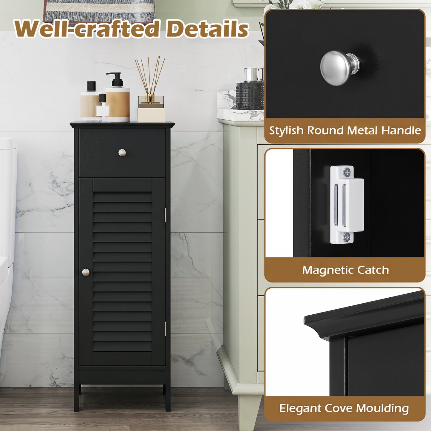 Narrow Bathroom Storage Cabinet with Adjustable Shelf & Drawer