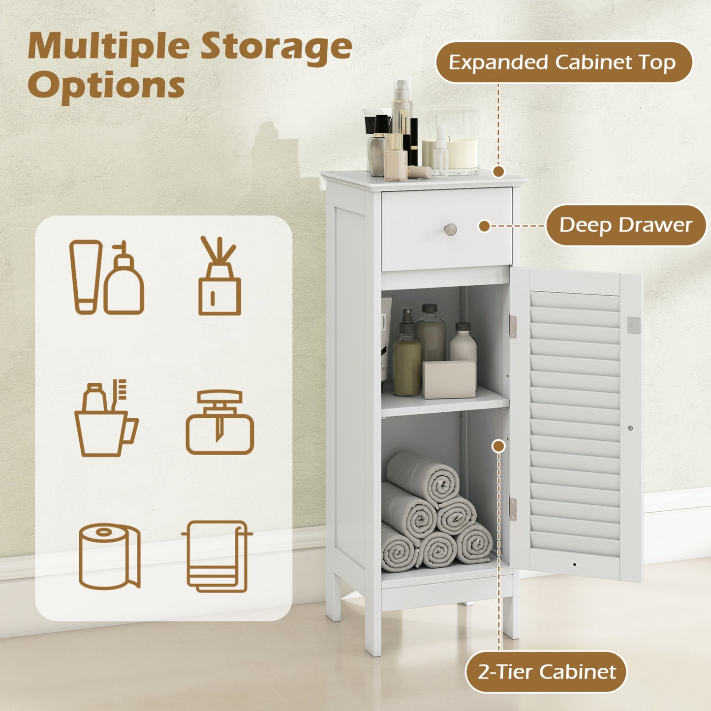 Narrow Bathroom Storage Cabinet with Adjustable Shelf & Drawer