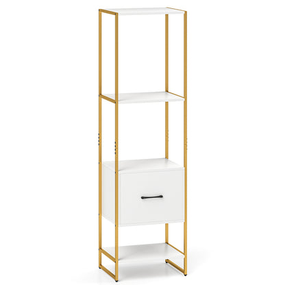 5-Tier Narrow Bookcase with 4 Open Shelves and Storage Drawer-White - White