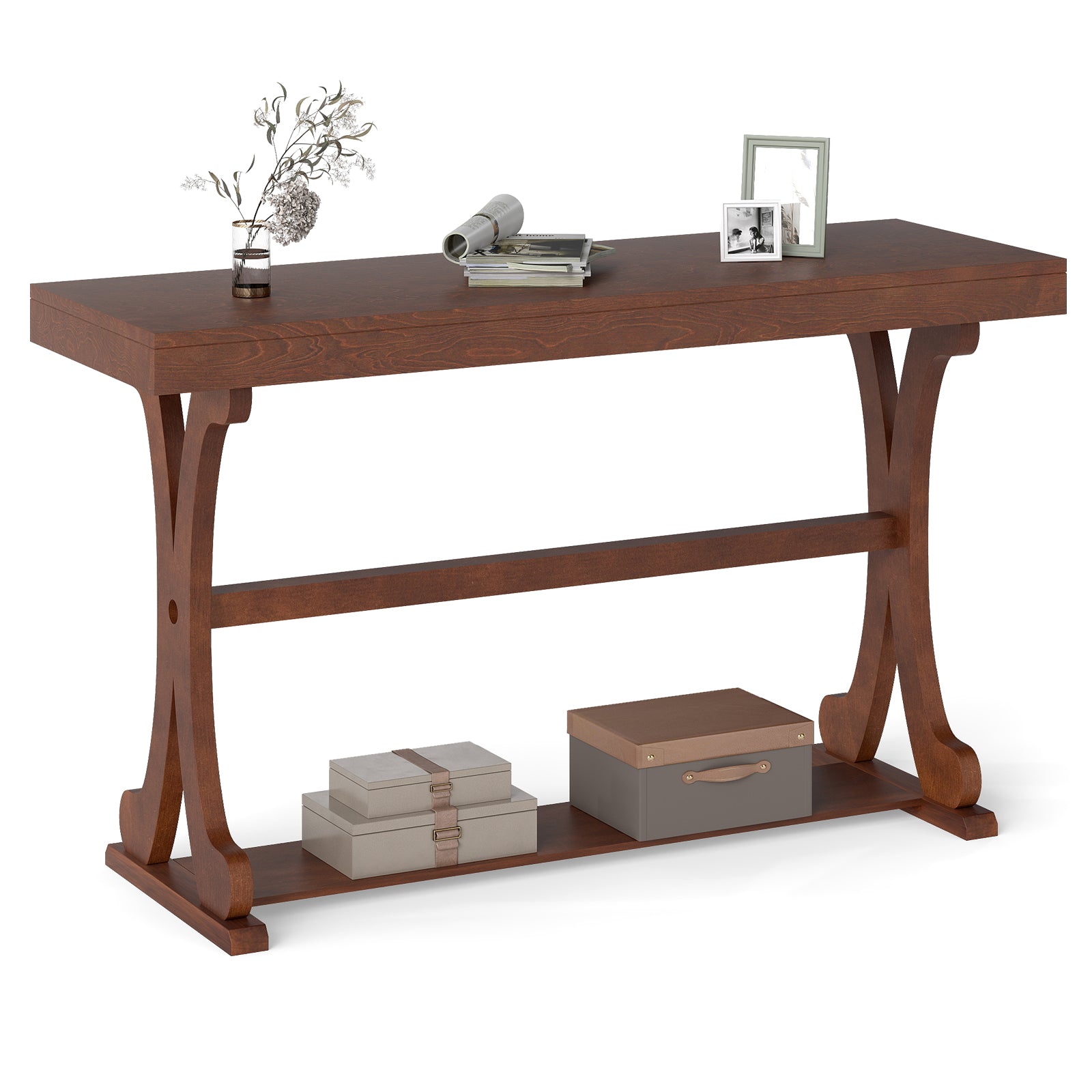 Narrow Console Table Vintage 52 Inch Long with Open Storage Shelf-Walnut