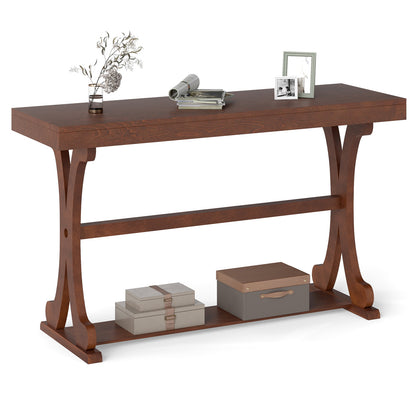 Narrow Console Table Vintage 52 Inch Long with Open Storage Shelf-Walnut