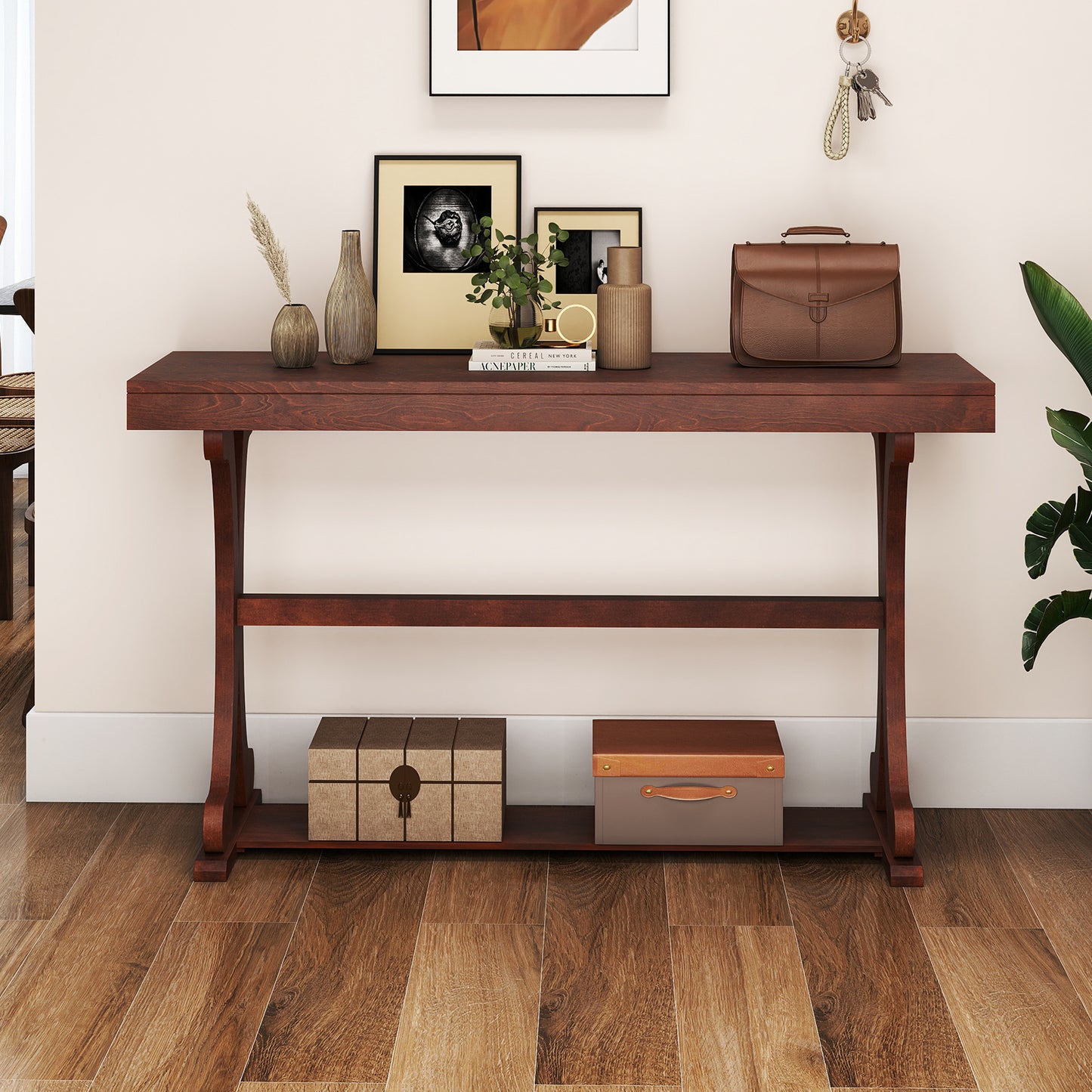 Narrow Console Table Vintage 52 Inch Long with Open Storage Shelf-Walnut