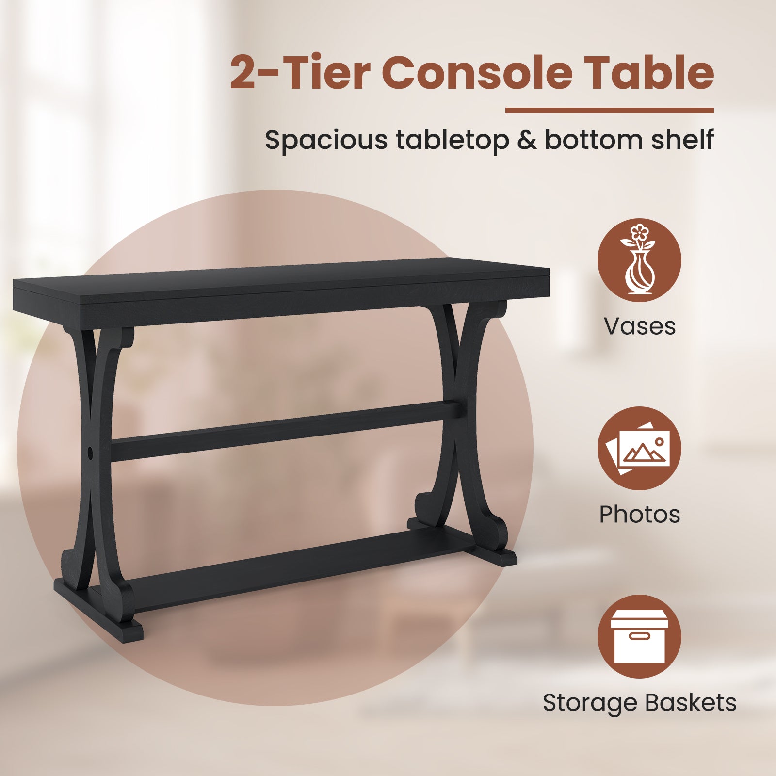 Narrow Console Table Vintage 52 Inch Long with Open Storage Shelf-Black