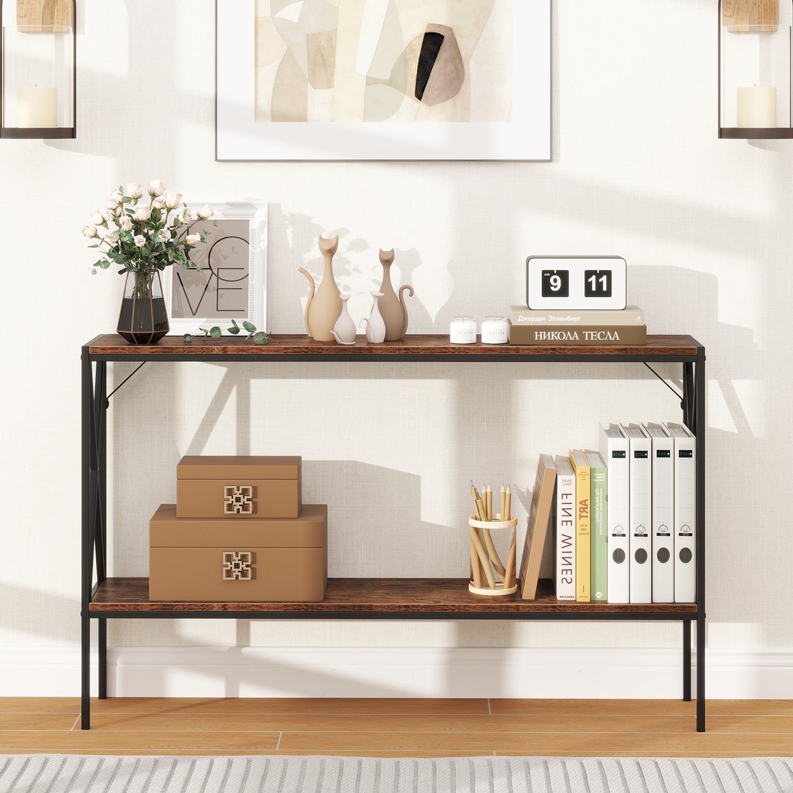 Narrow Console Table 2-Tier Entryway Table with Storage-Rustic Brown