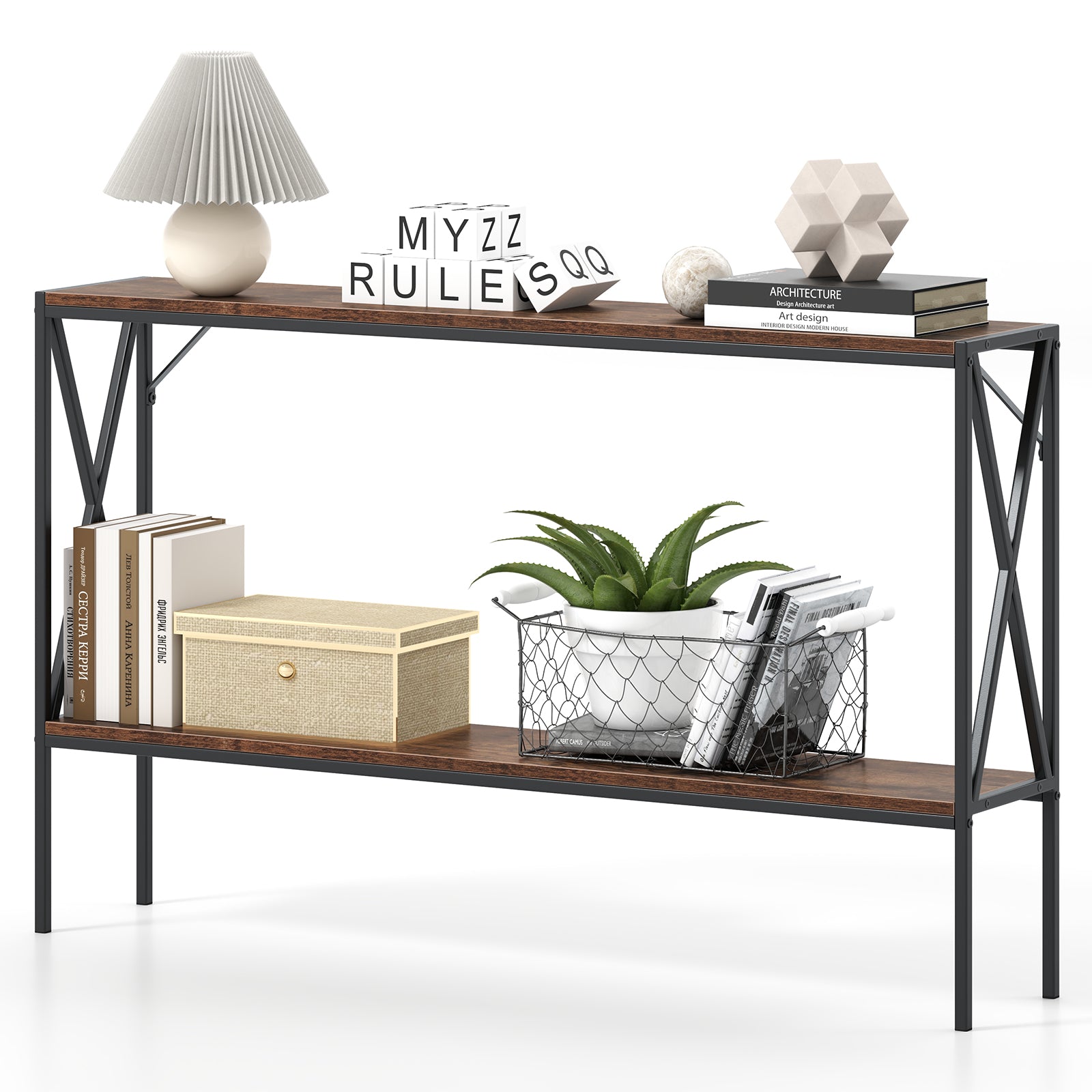Narrow Console Table 2-Tier Entryway Table with Storage-Rustic Brown