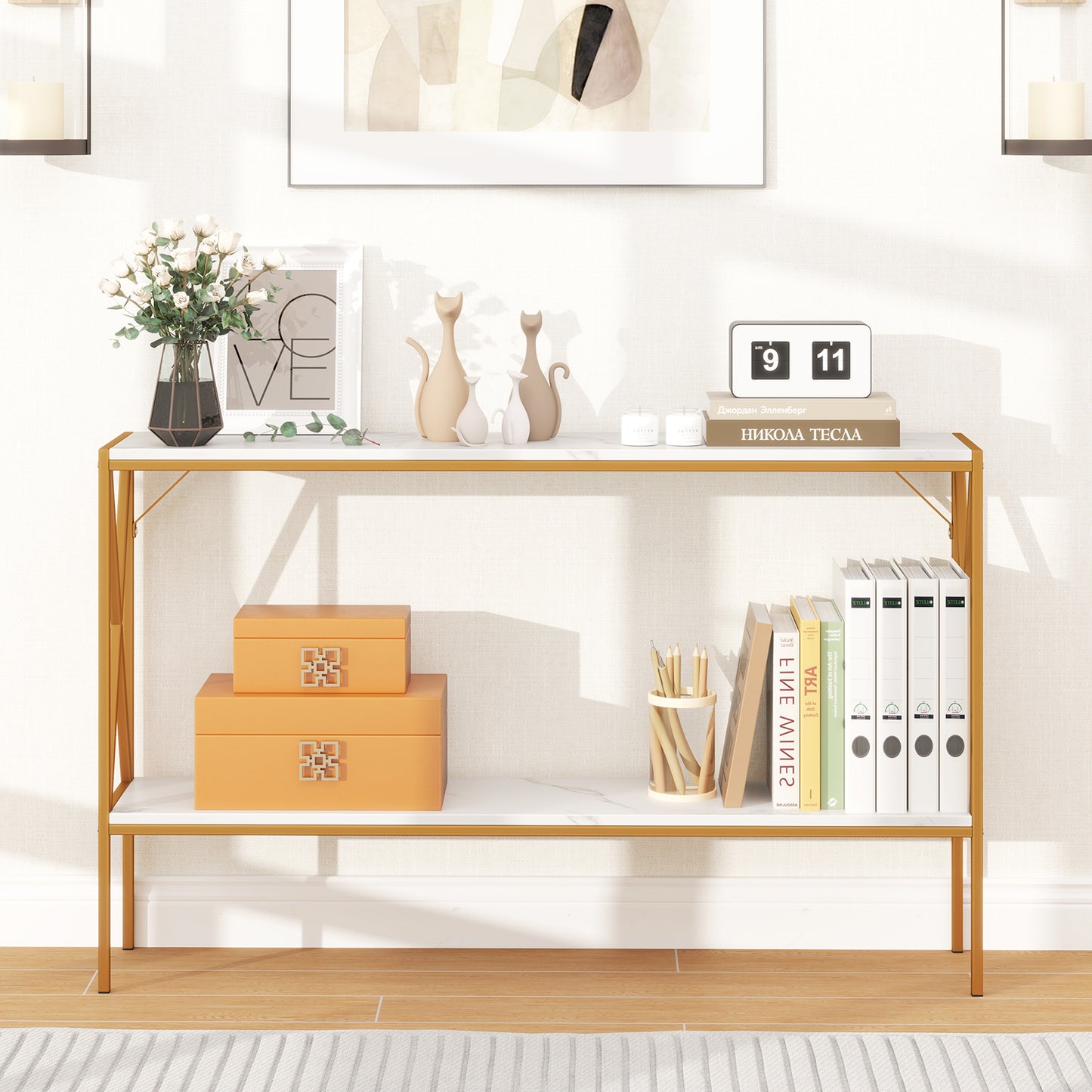 Narrow Console Table 2-Tier Entryway Table with Storage-White