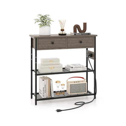 Narrow Console Table with 2 Drawers and 2 Metal Mesh Shelves-Rustic Brown - Gray