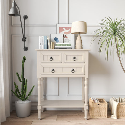 Narrow Console Table with 3 Storage Drawers and Open Bottom Shelf-Beige