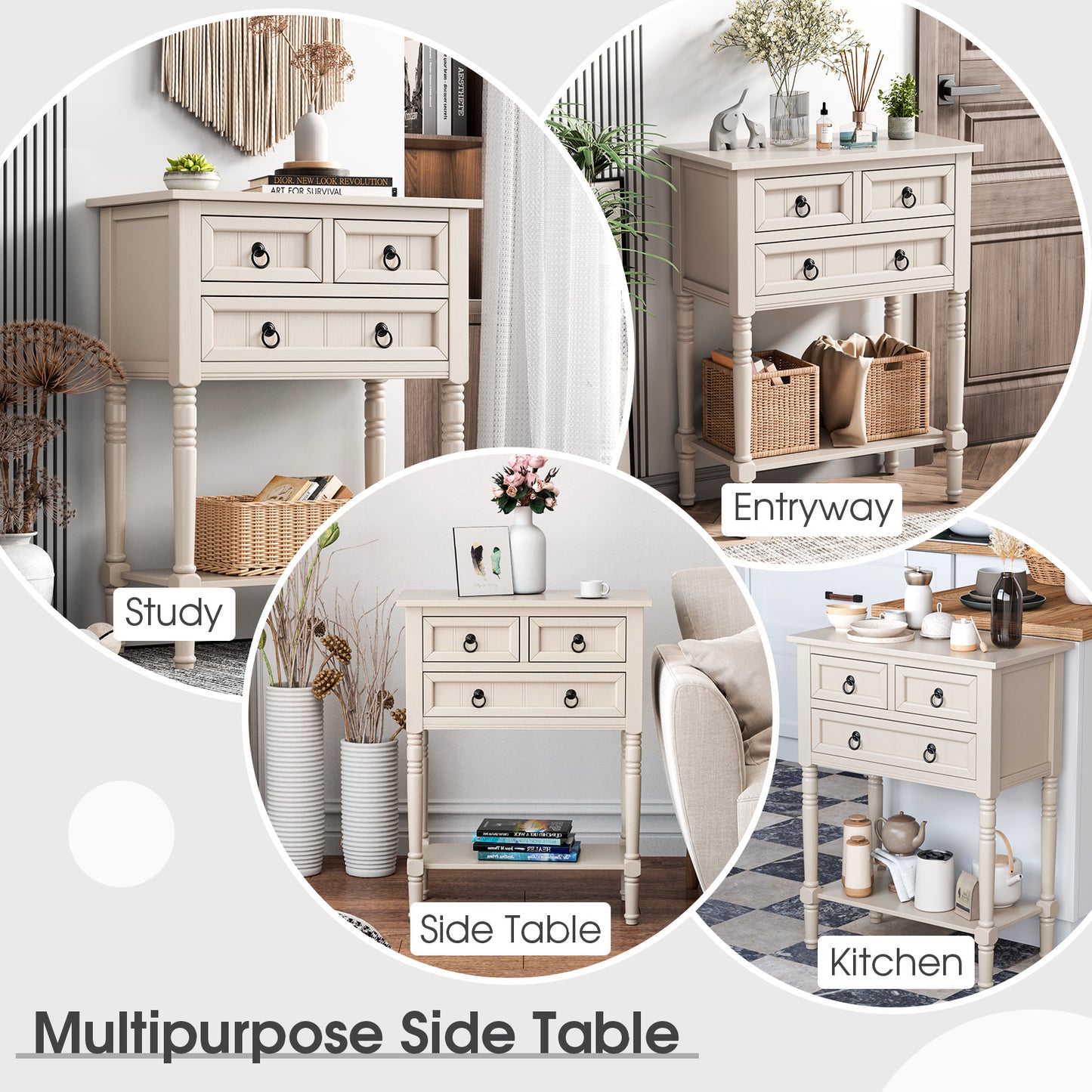 Narrow Console Table with 3 Storage Drawers and Open Bottom Shelf-Beige