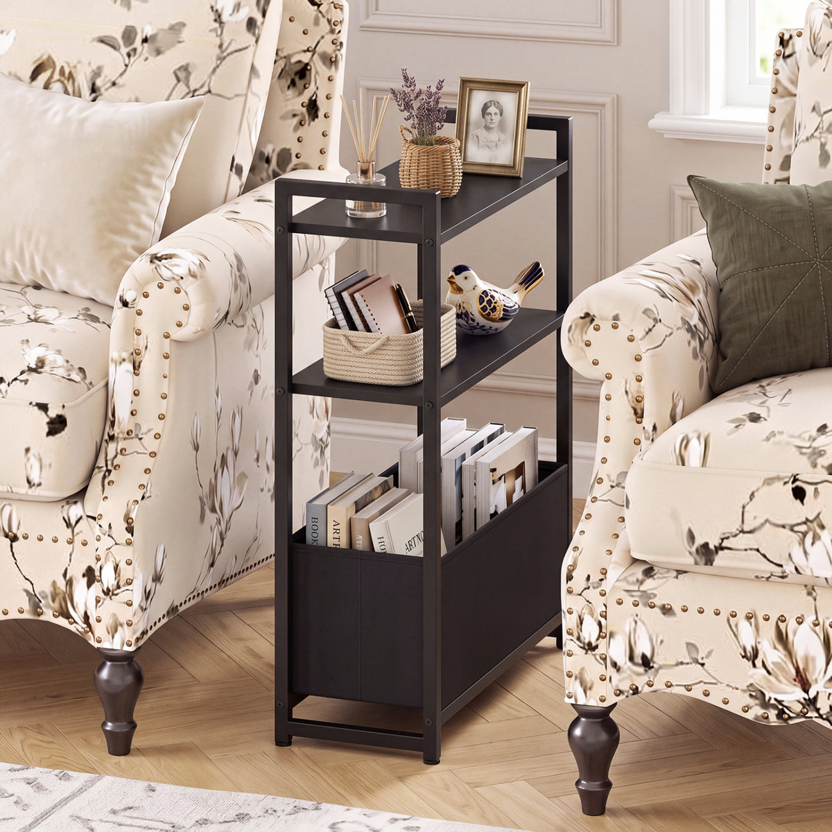 Narrow End Table with Storage Shelves and Metal Frame