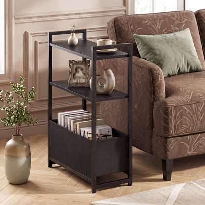 Narrow End Table with Storage Shelves and Metal Frame