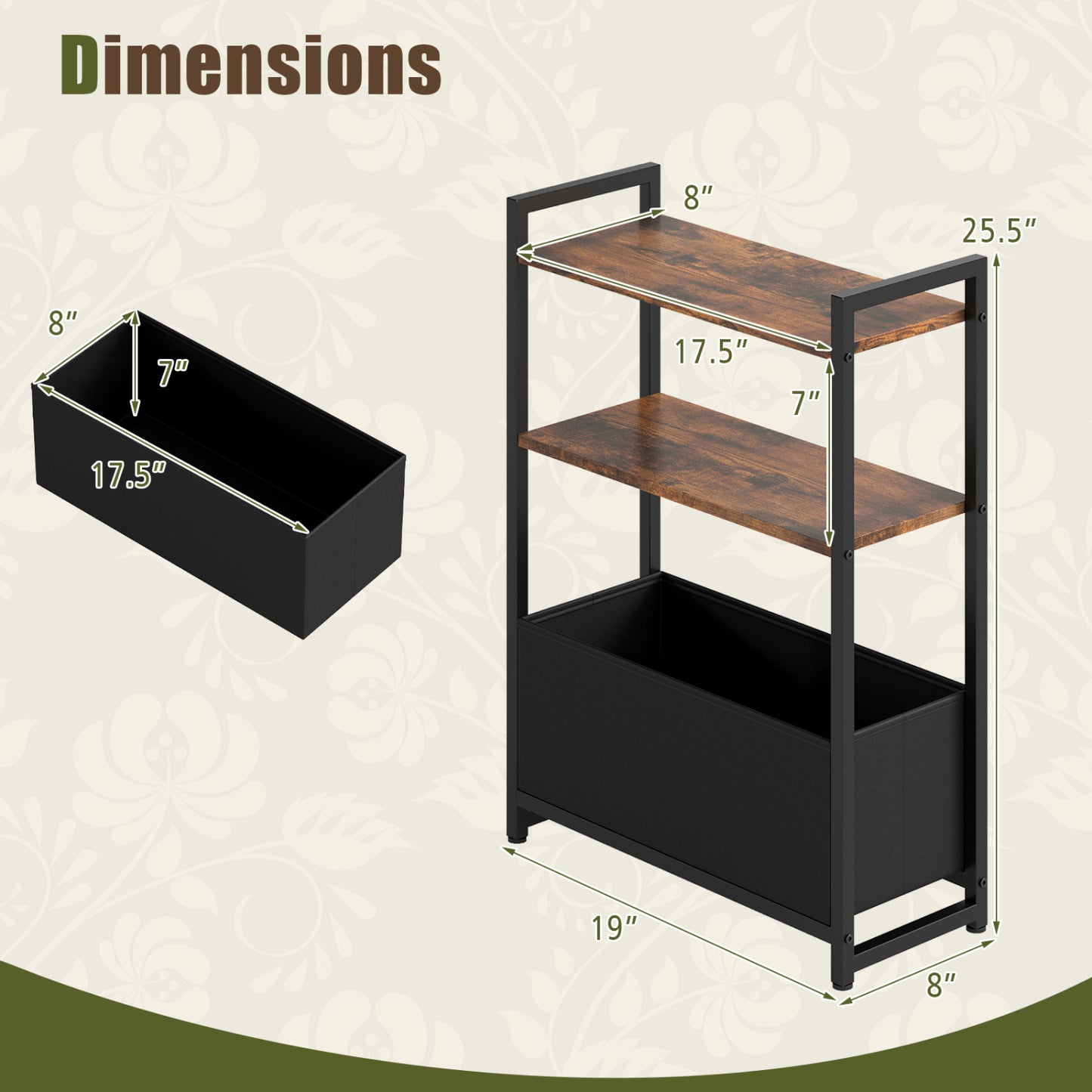 Narrow End Table with Storage Shelves and Metal Frame