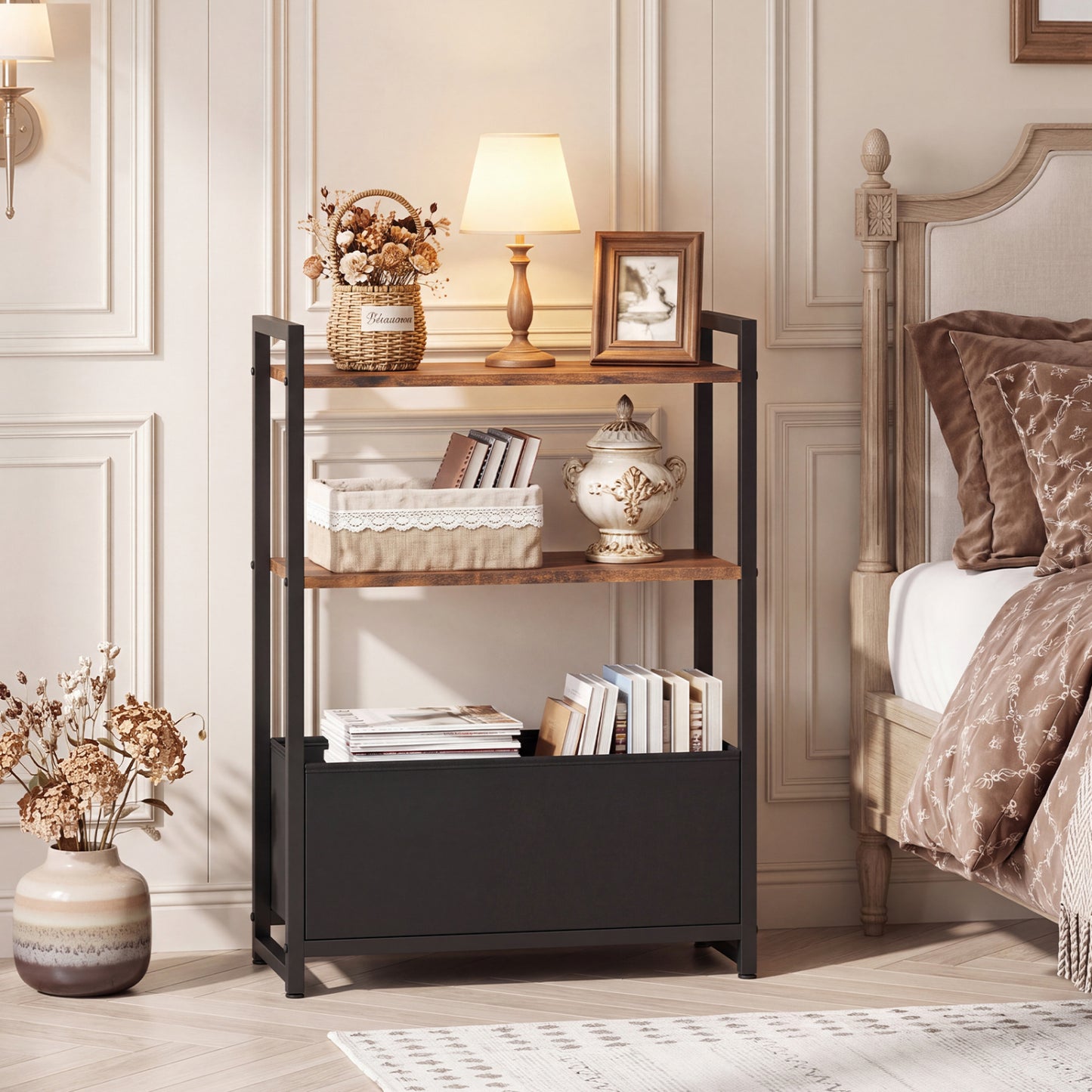 Narrow End Table with Storage Shelves and Metal Frame