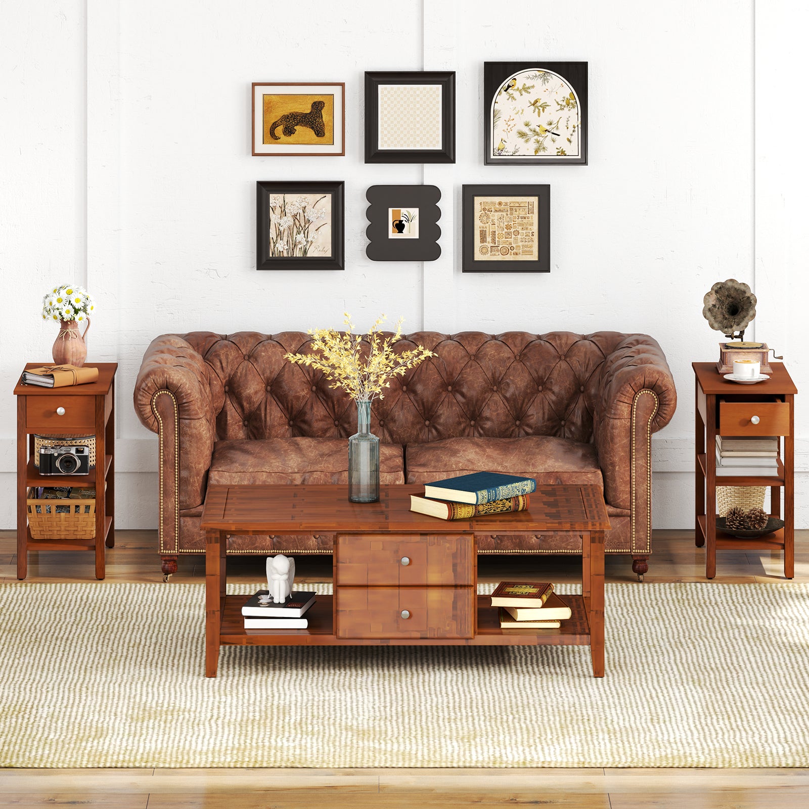 3-Tier Narrow End Table with Drawer and Storage Shelves-Brown