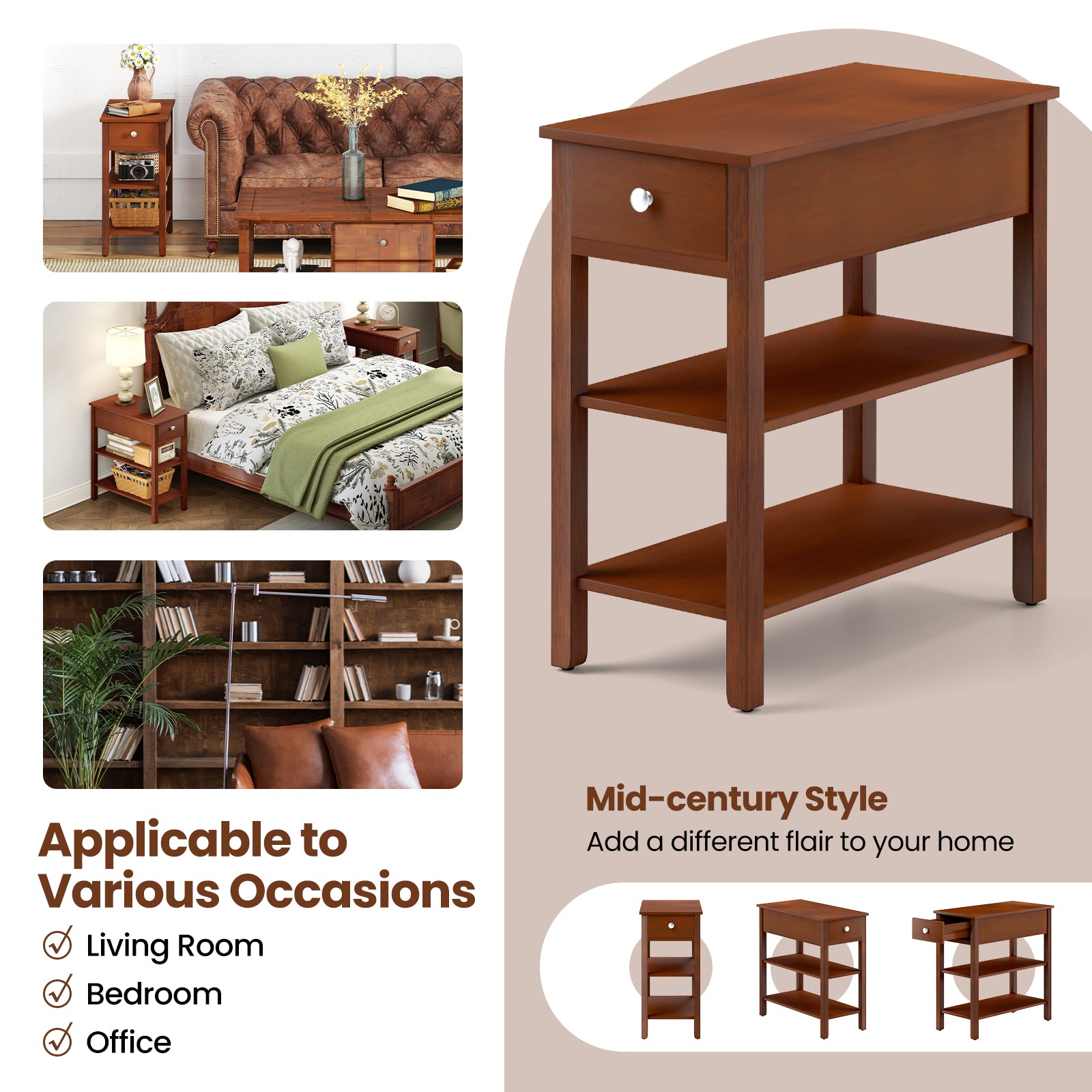 3-Tier Narrow End Table with Drawer and Storage Shelves-Brown