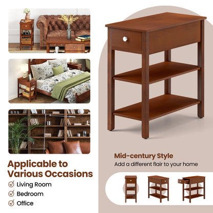 3-Tier Narrow End Table with Drawer and Storage Shelves-Brown