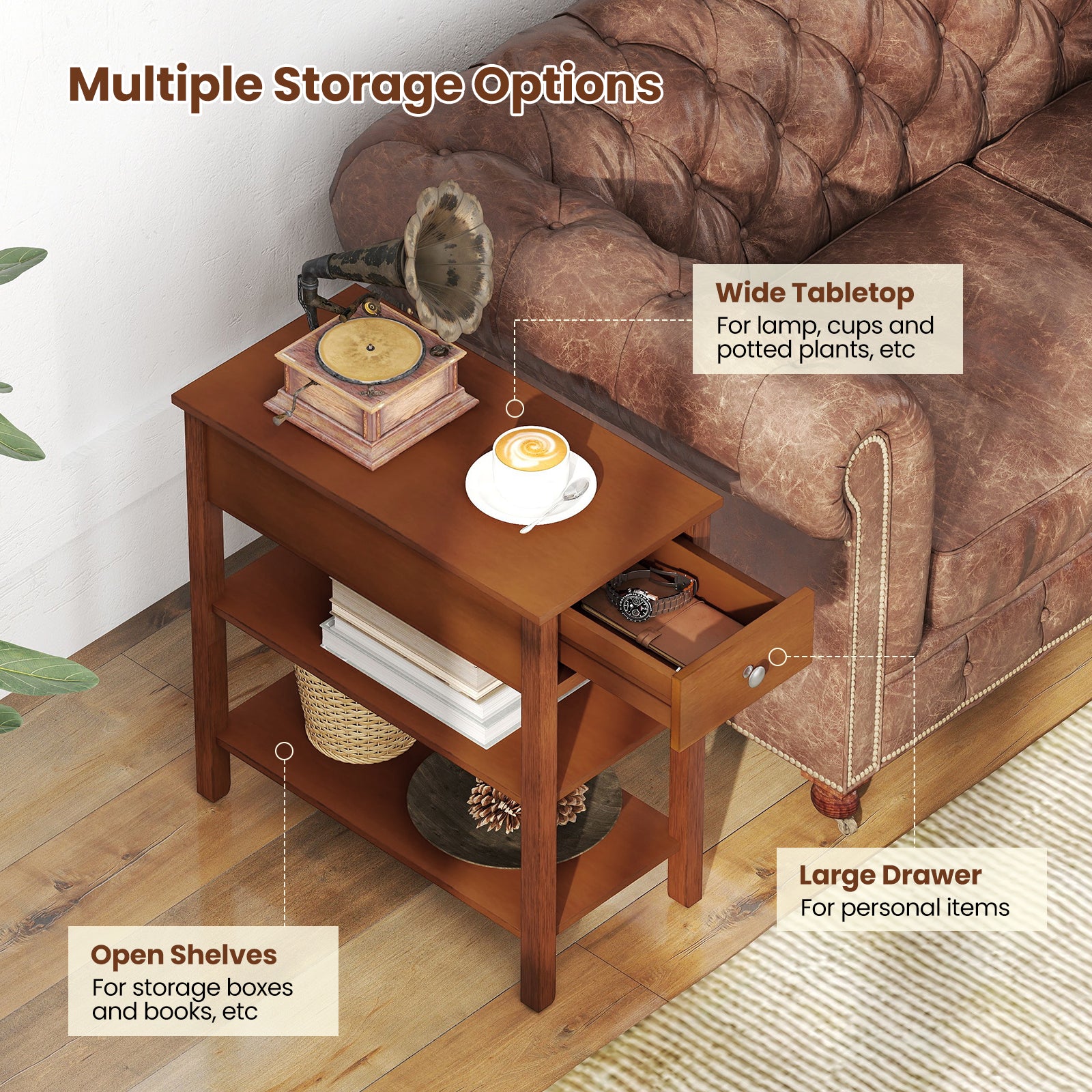 3-Tier Narrow End Table with Drawer and Storage Shelves-Brown
