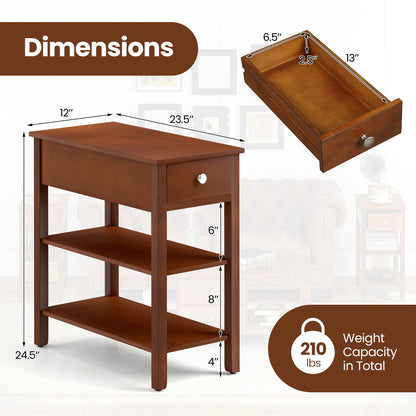 3-Tier Narrow End Table with Drawer and Storage Shelves-Brown