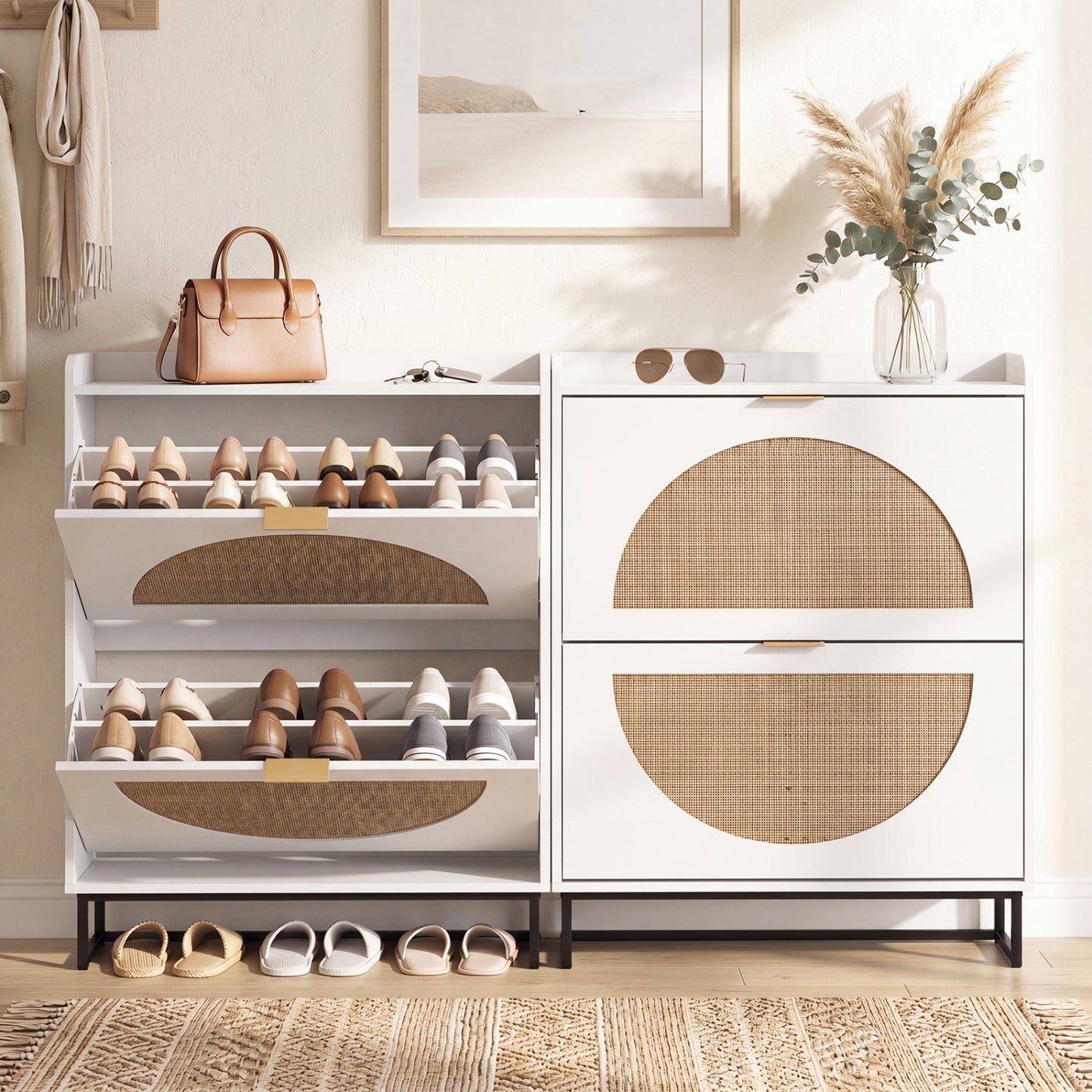 Narrow Shoe Storage Cabinet with Flip Drawers & Shelves
