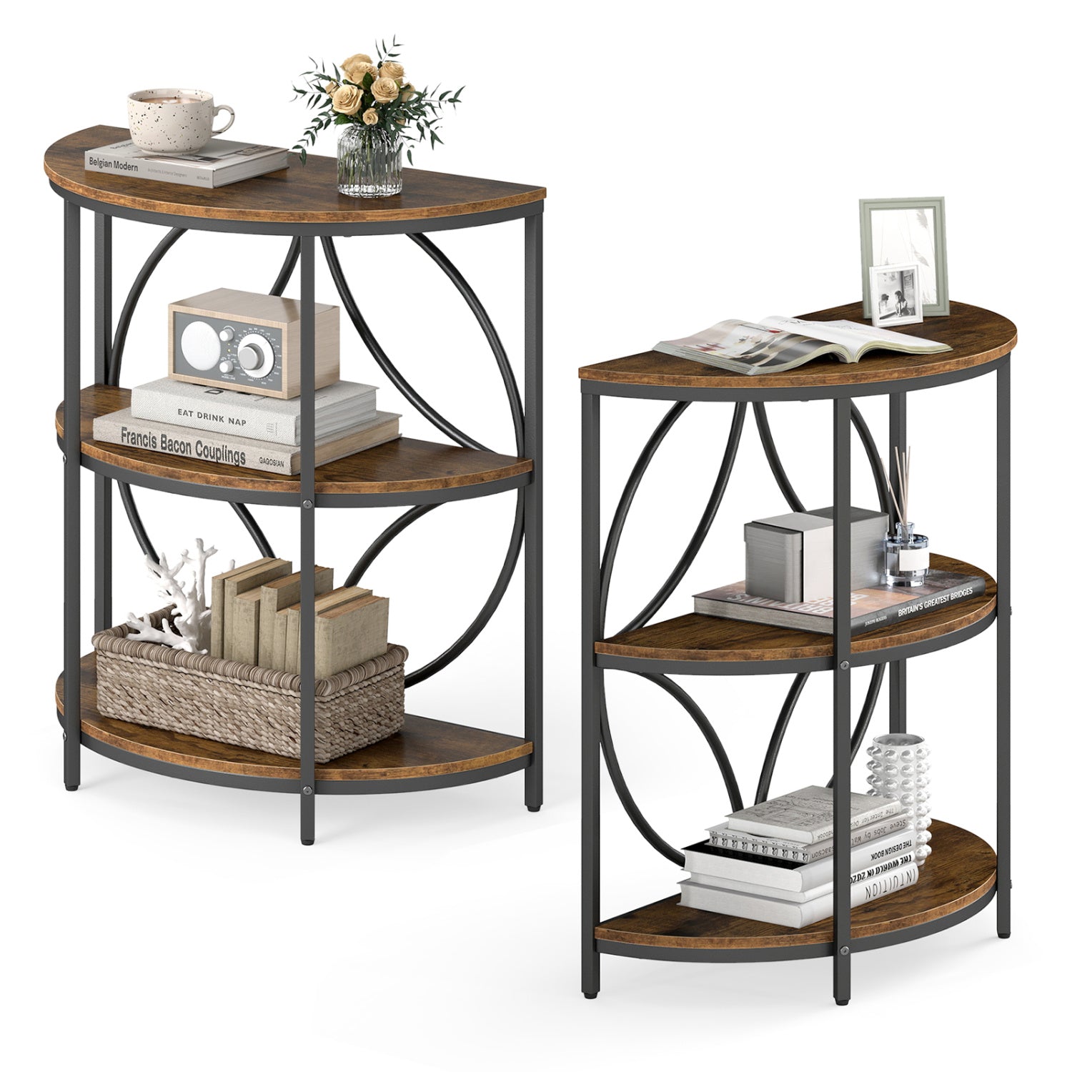 Narrow Side Table with Study Metal Frame and Storage Shelves-Rustic Brown