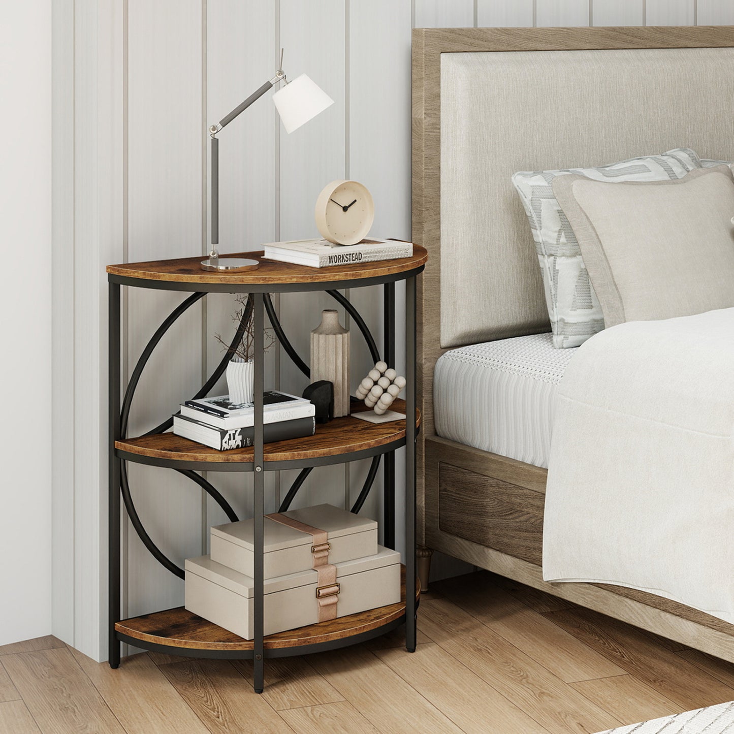 Narrow Side Table with Study Metal Frame and Storage Shelves-Rustic Brown
