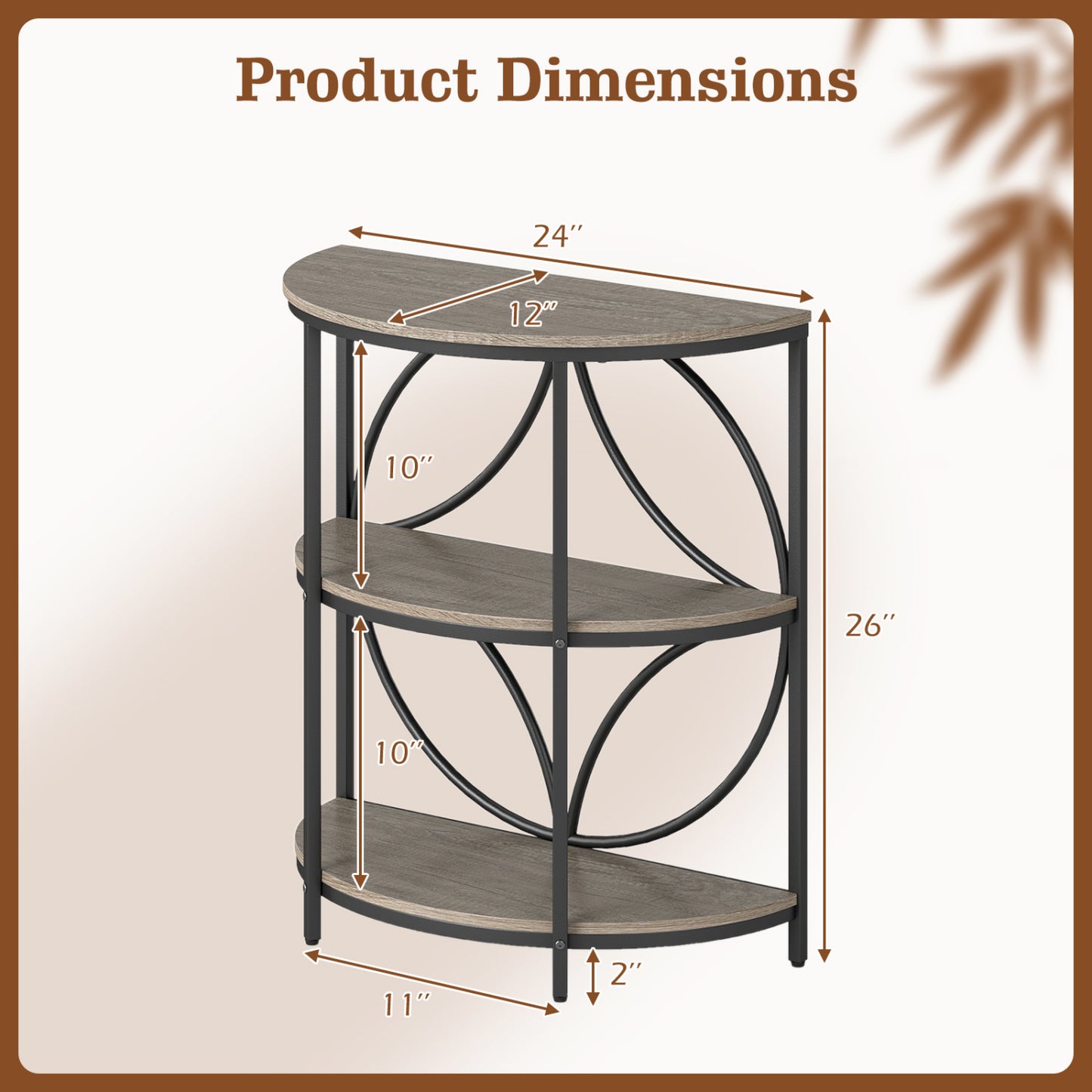 Narrow Side Table with Study Metal Frame and Storage Shelves-Gray