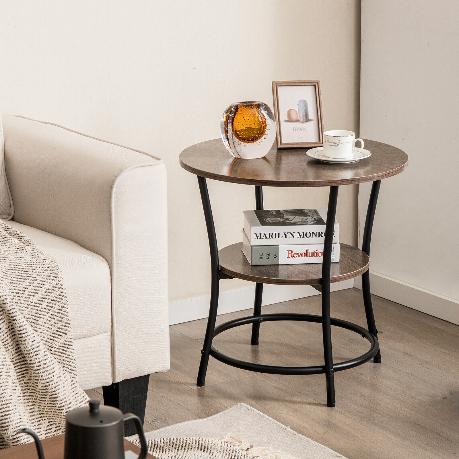 2-Tier Round End Table with Open Storage Shelf and Sturdy Metal Frame-Natural