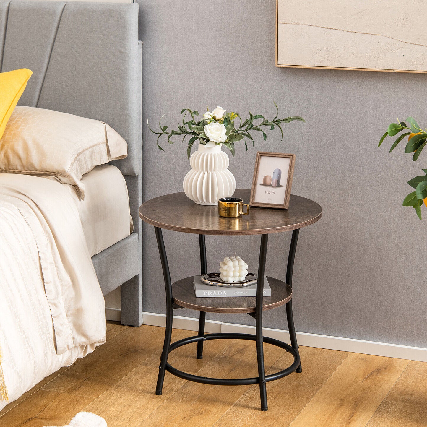 2-Tier Round End Table with Open Storage Shelf and Sturdy Metal Frame-Natural