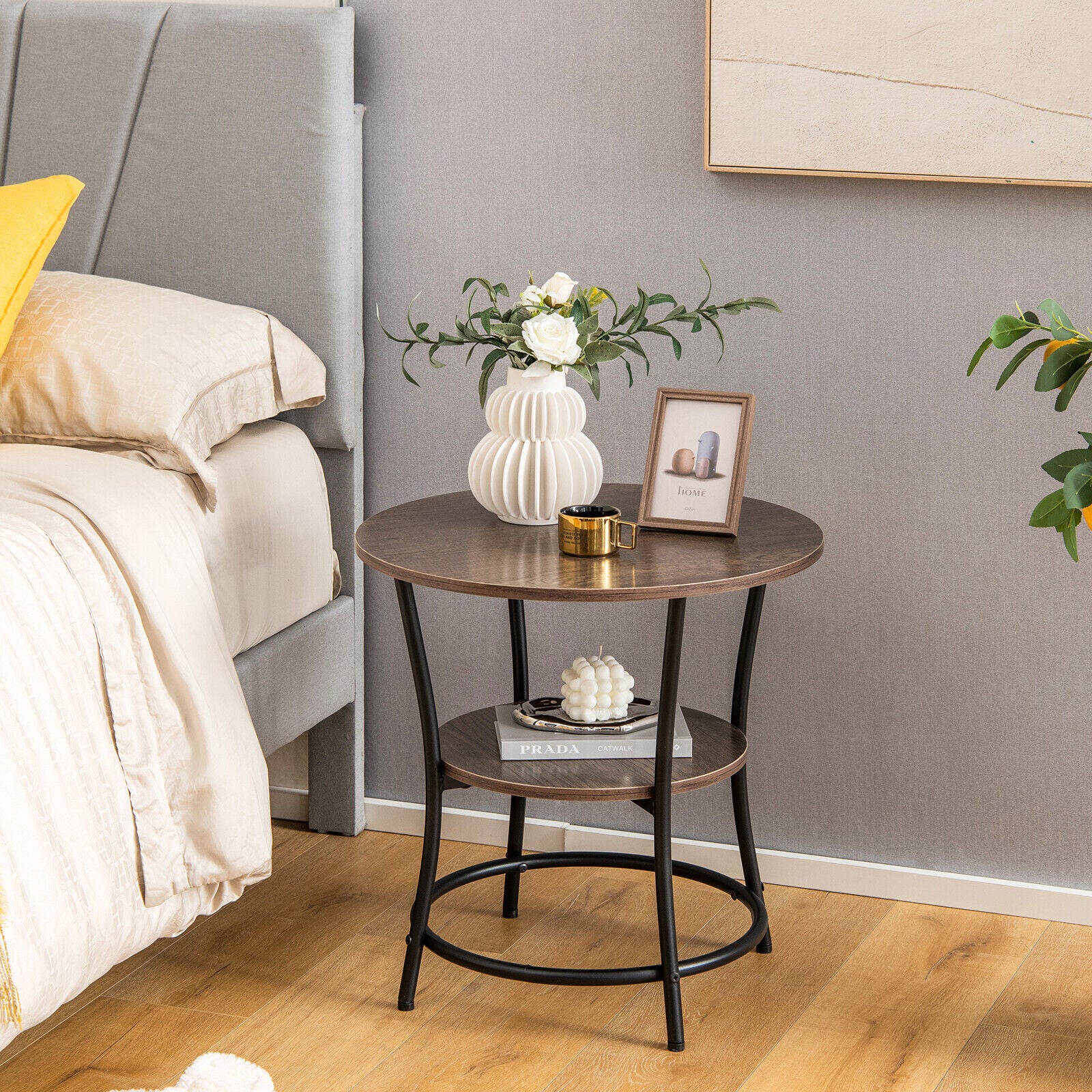 2-Tier Round End Table with Open Storage Shelf and Sturdy Metal Frame-Natural