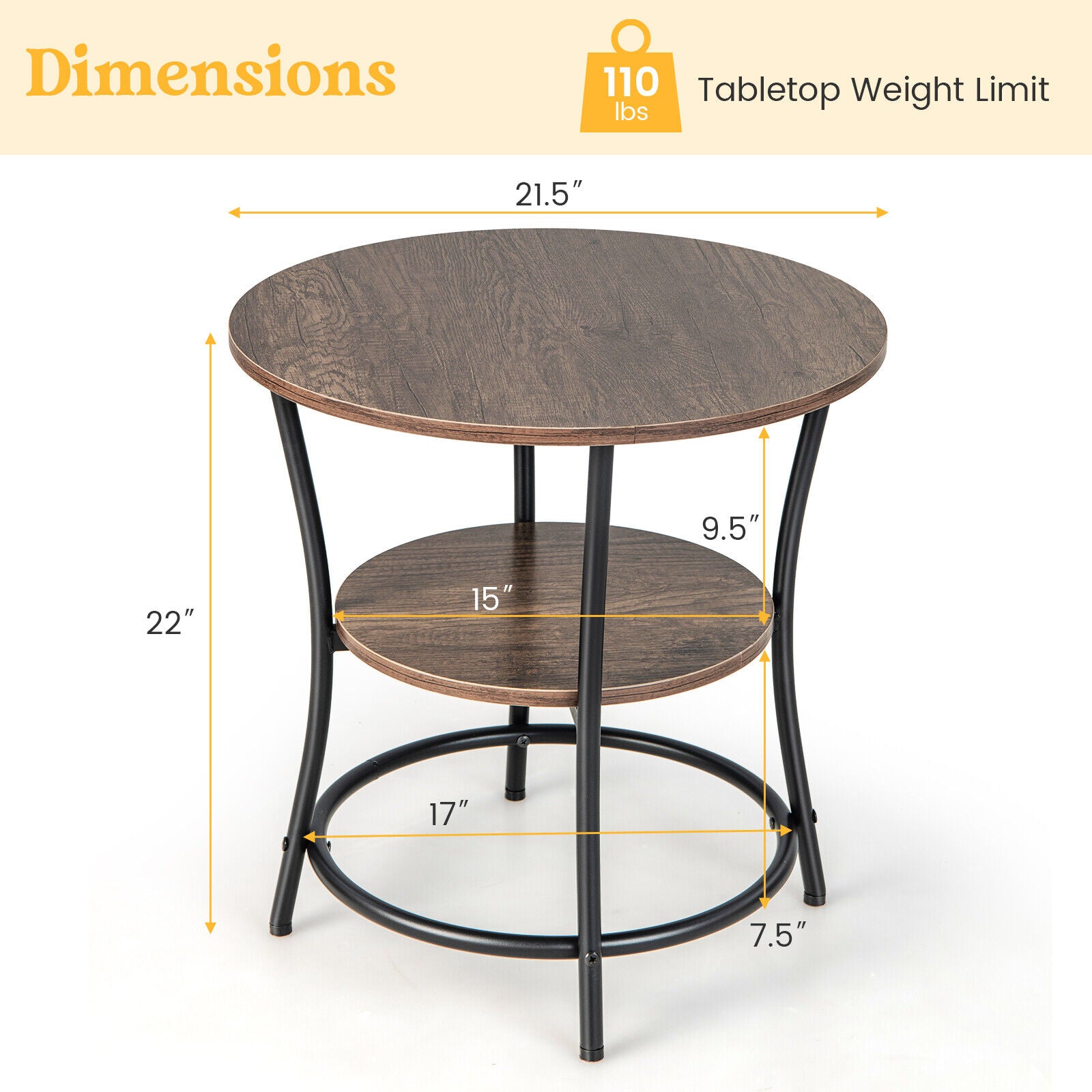 2-Tier Round End Table with Open Storage Shelf and Sturdy Metal Frame-Natural