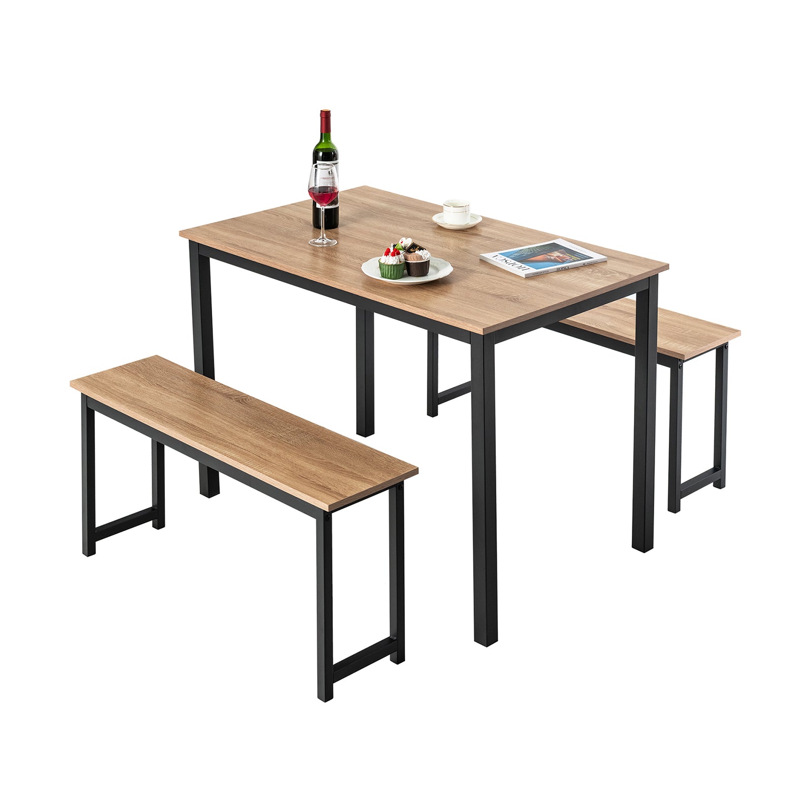 3 Pieces Dining Table Set with 2 Benches for Dining Room Kitchen Bar-Natural - Natural